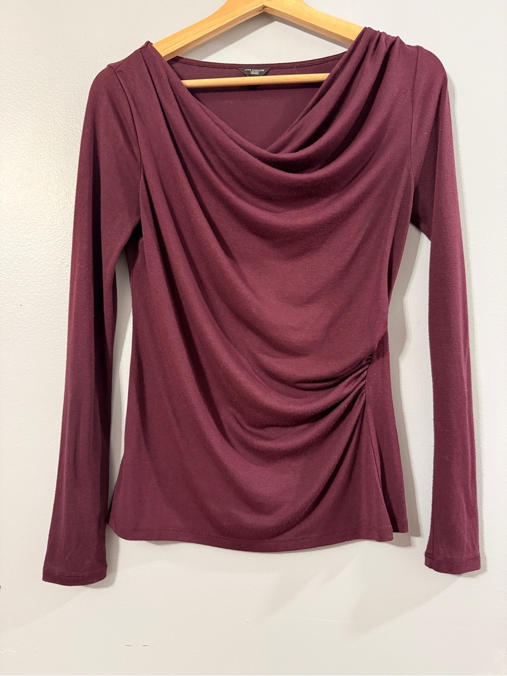 Ann Taylor Burgundy Draped-Neck Long-Sleeve Top